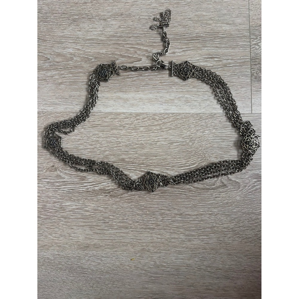 Vintage Y2K Gunmetal Silver Multi Strand Chain Belt Filigree Floral Medallions